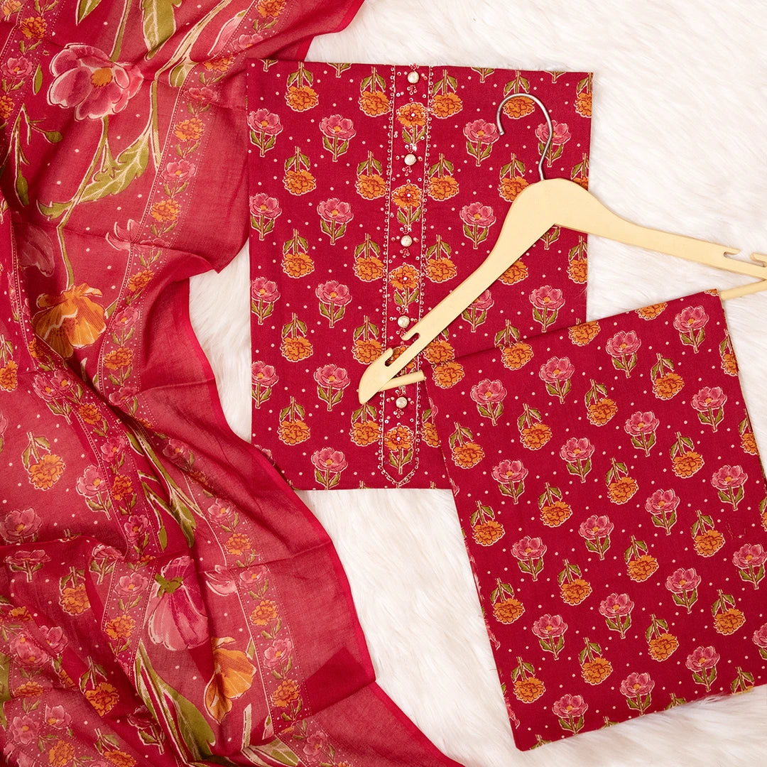 Bright Rani Bagru Print Cotton Unstitched Suit Set