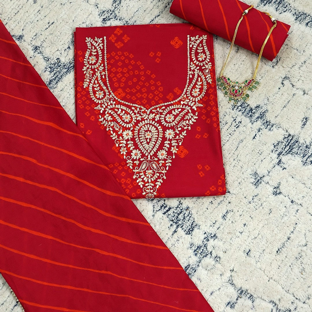 Bright Red Bhandej Cotton Unstitched Suit Set