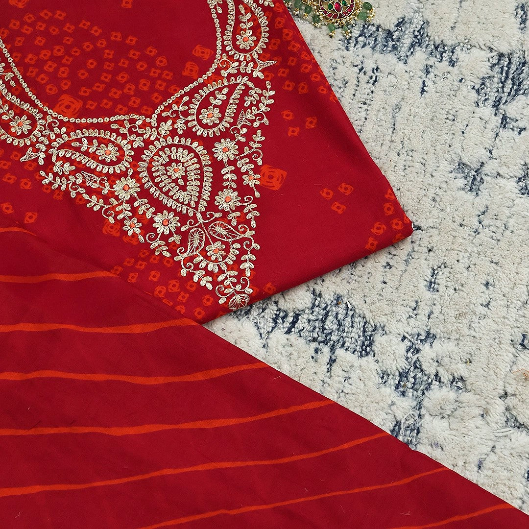 Bright Red Bhandej Cotton Unstitched Suit Set