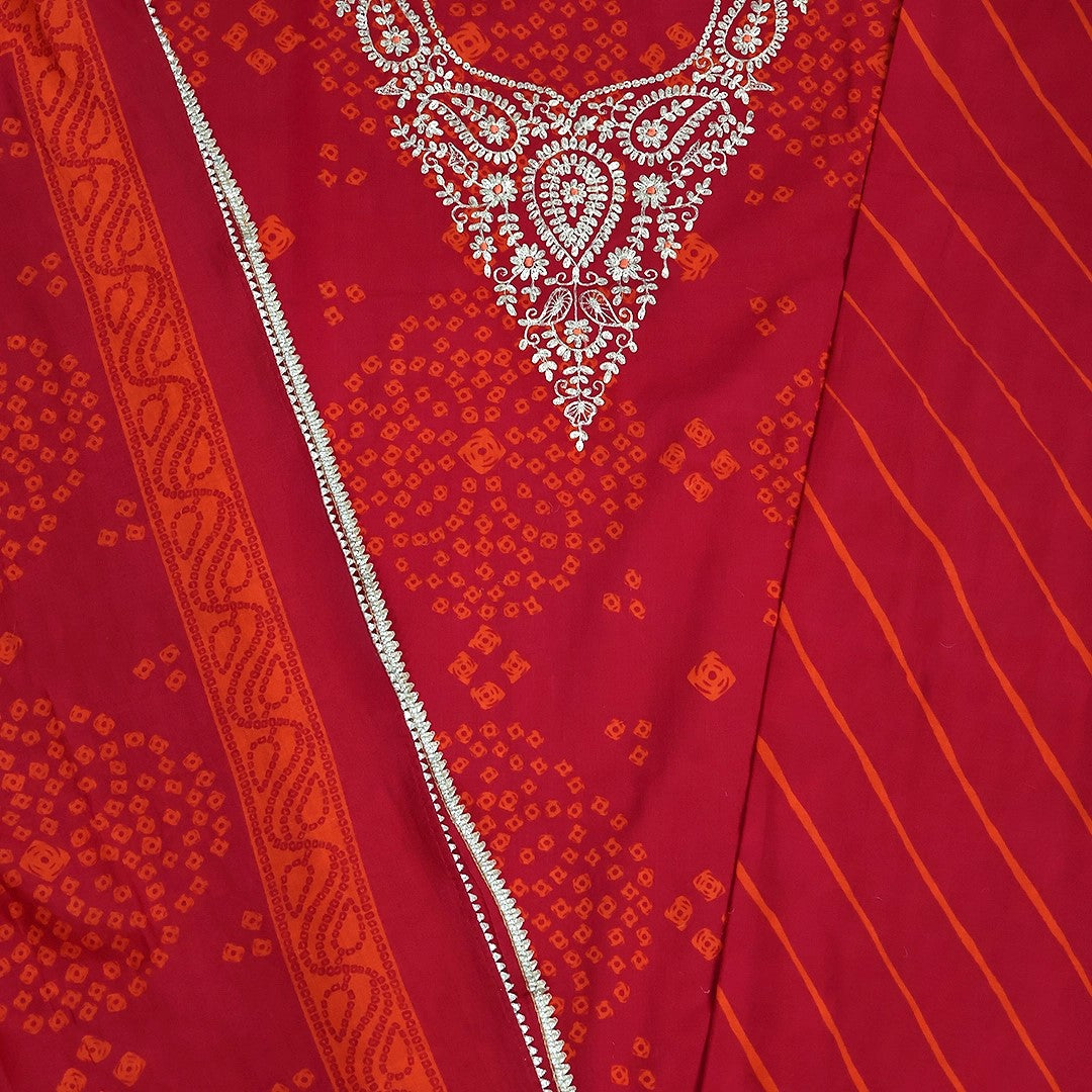 Bright Red Bhandej Cotton Unstitched Suit Set