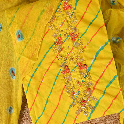 Bright yellow Leheriya Cotton Suit Set