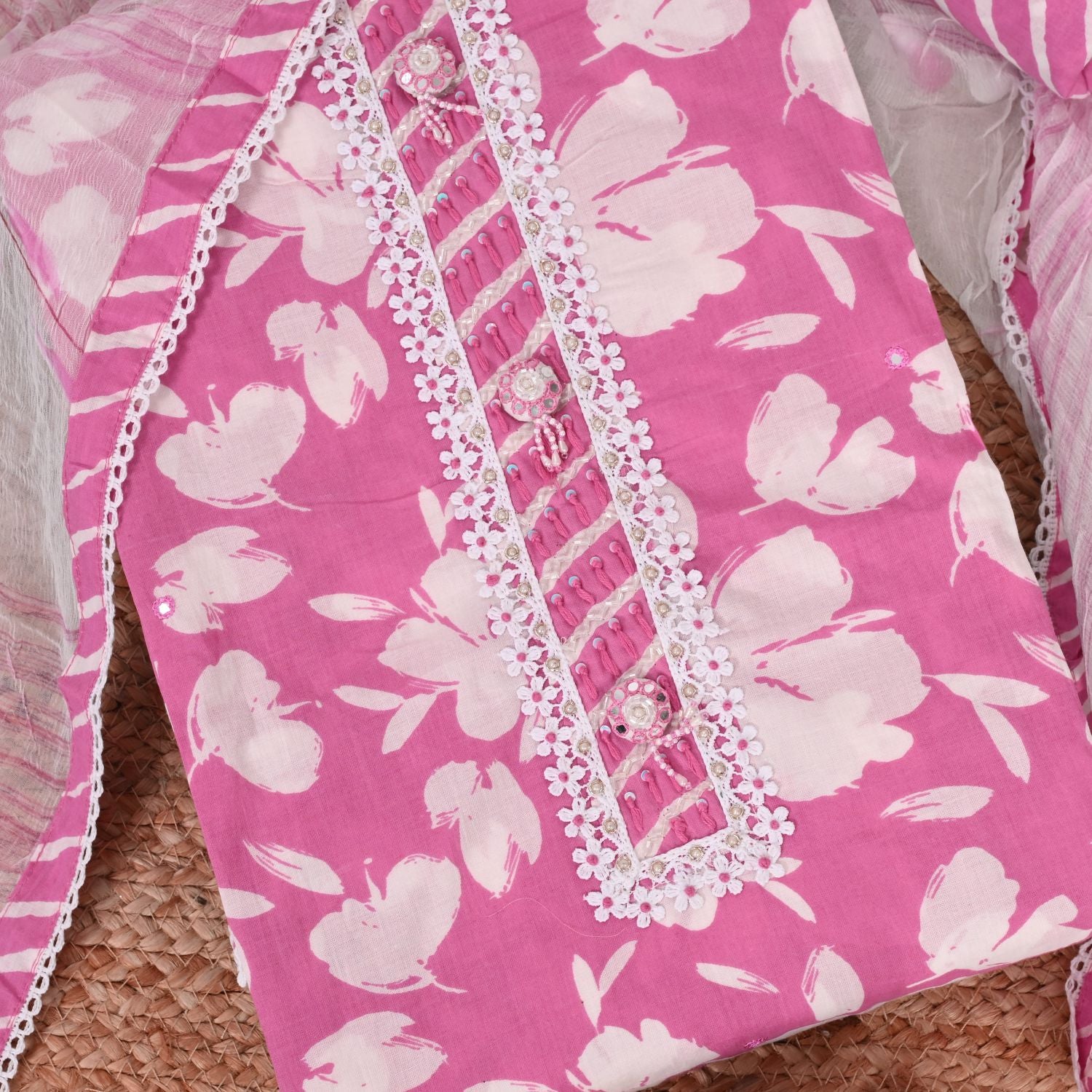 Brink Pink Floral Cotton Unstitched Salwar Suit