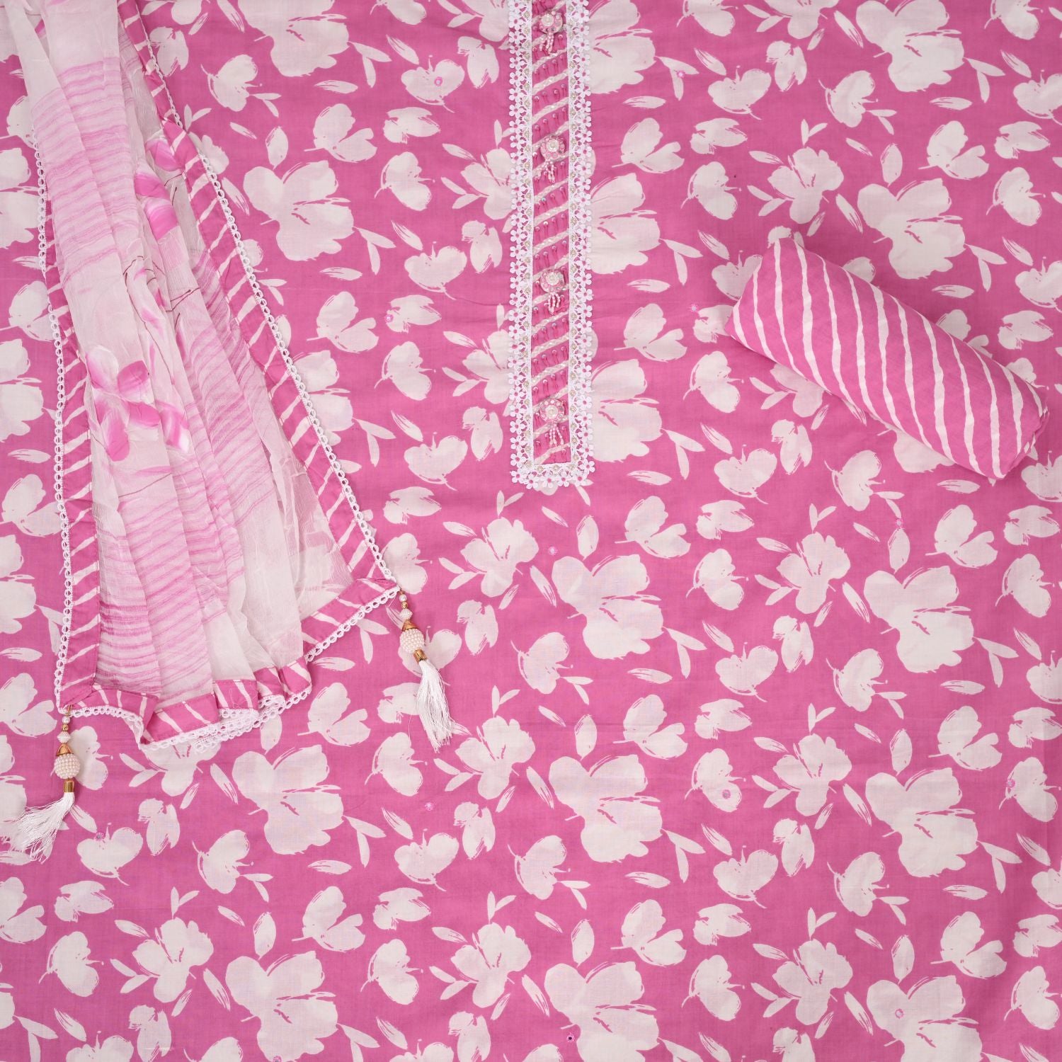 Brink Pink Floral Cotton Unstitched Salwar Suit