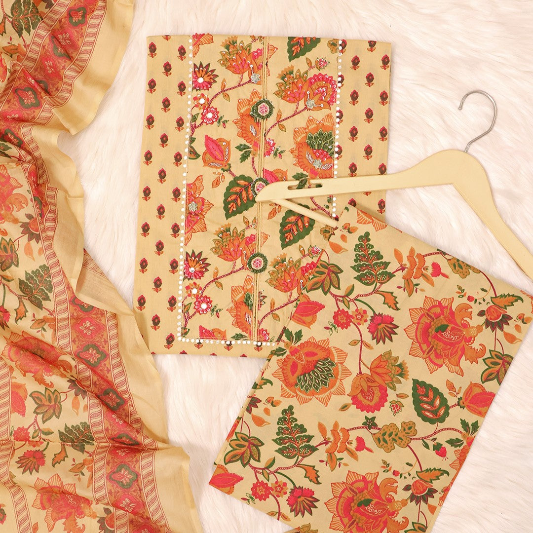 Buff Kalamkari Cotton Unstitched Suit Set