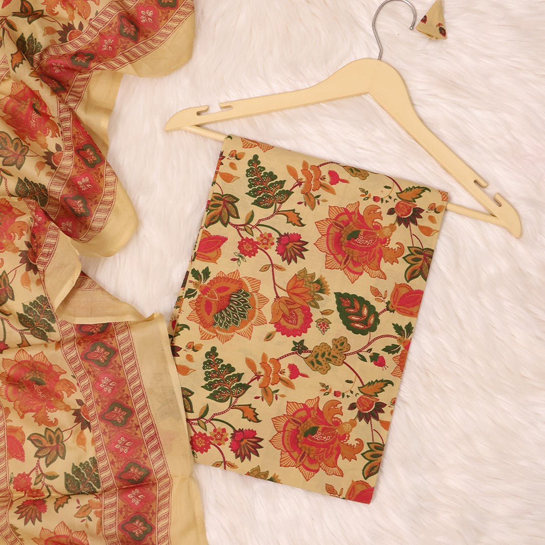 Buff Kalamkari Cotton Unstitched Suit Set