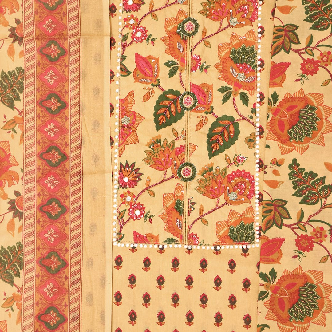 Buff Kalamkari Cotton Unstitched Suit Set
