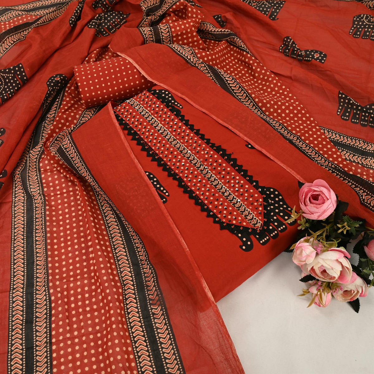 Burnt Orange Rajasthani Cotton Unstitched Suit Set