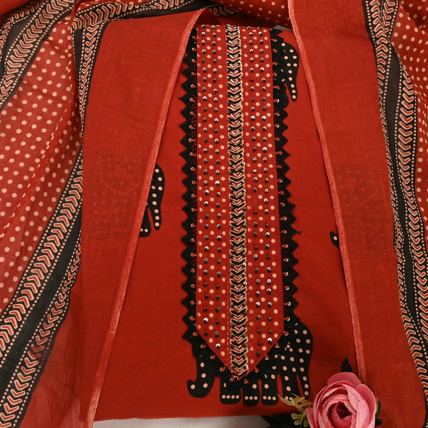Burnt Orange Rajasthani Cotton Unstitched Suit Set
