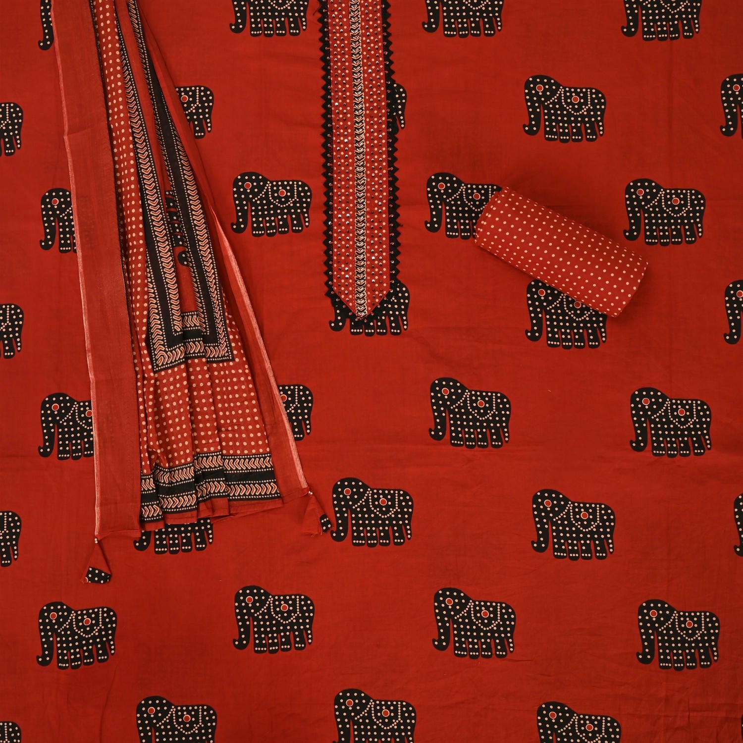Burnt Orange Rajasthani Cotton Unstitched Suit Set