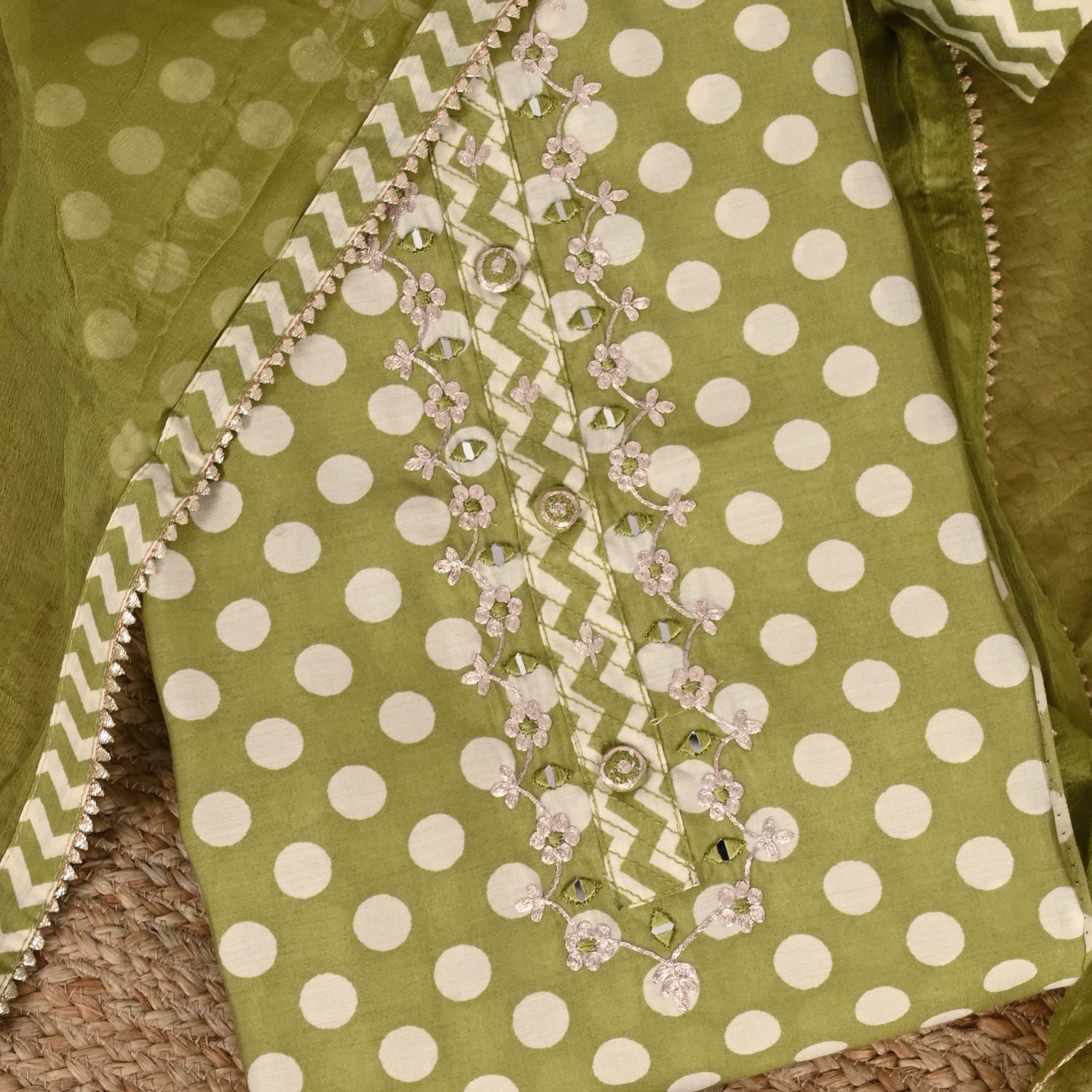 Cactus Green Polka Dota Muslin Unstitched Salwar Suit