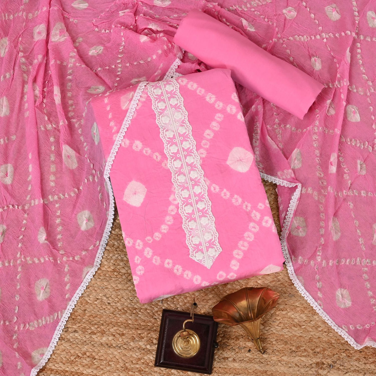 Carmine Pink Bhandej Cotton Unstitched Salwar Suit