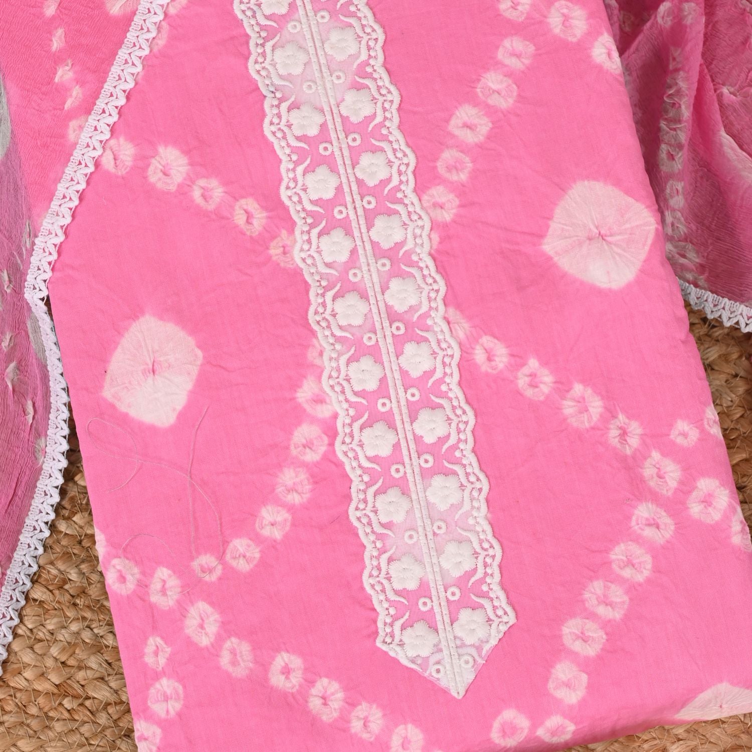 Carmine Pink Bhandej Cotton Unstitched Salwar Suit