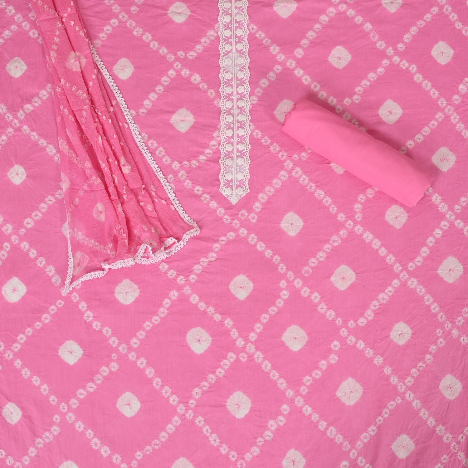 Carmine Pink Bhandej Cotton Unstitched Salwar Suit
