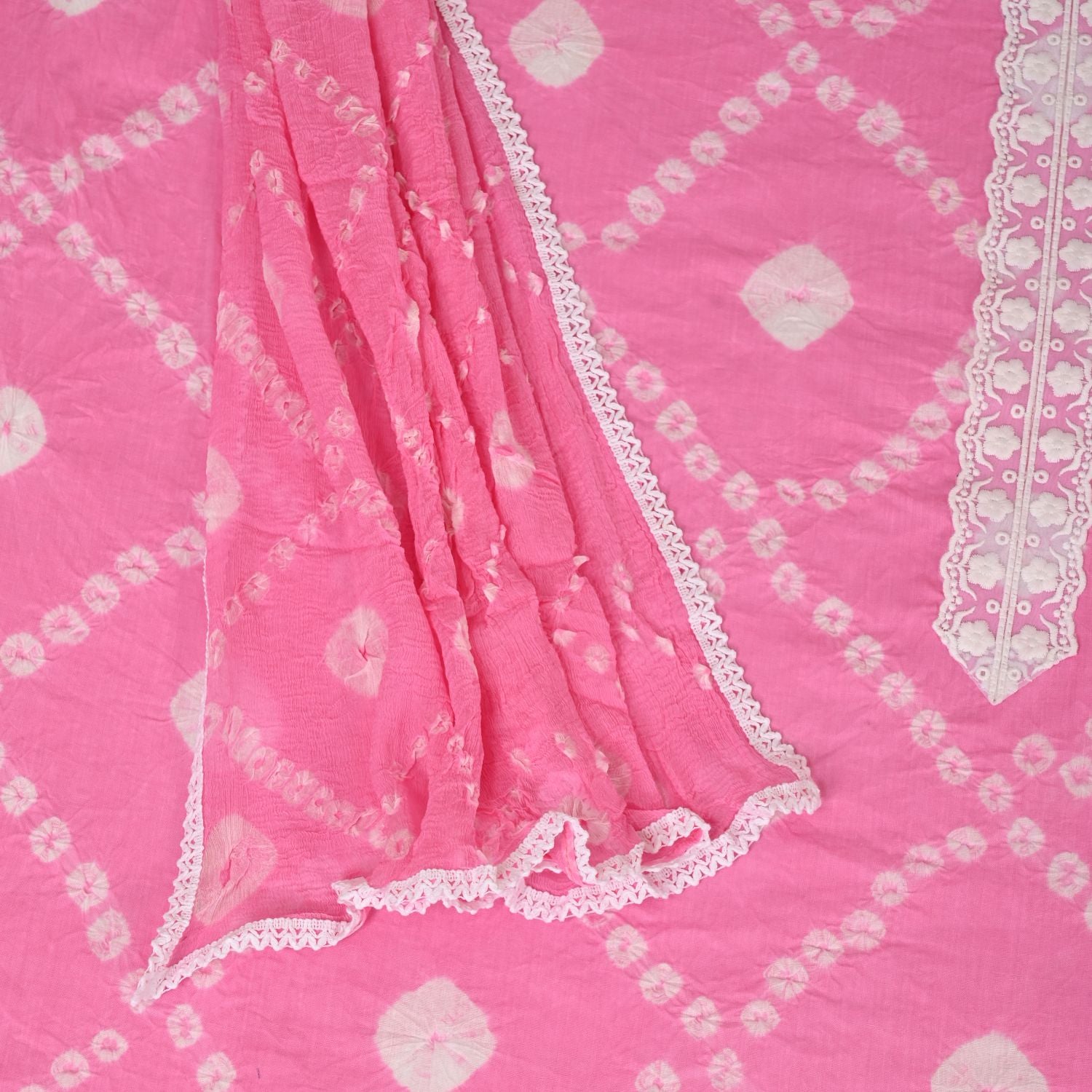 Carmine Pink Bhandej Cotton Unstitched Salwar Suit