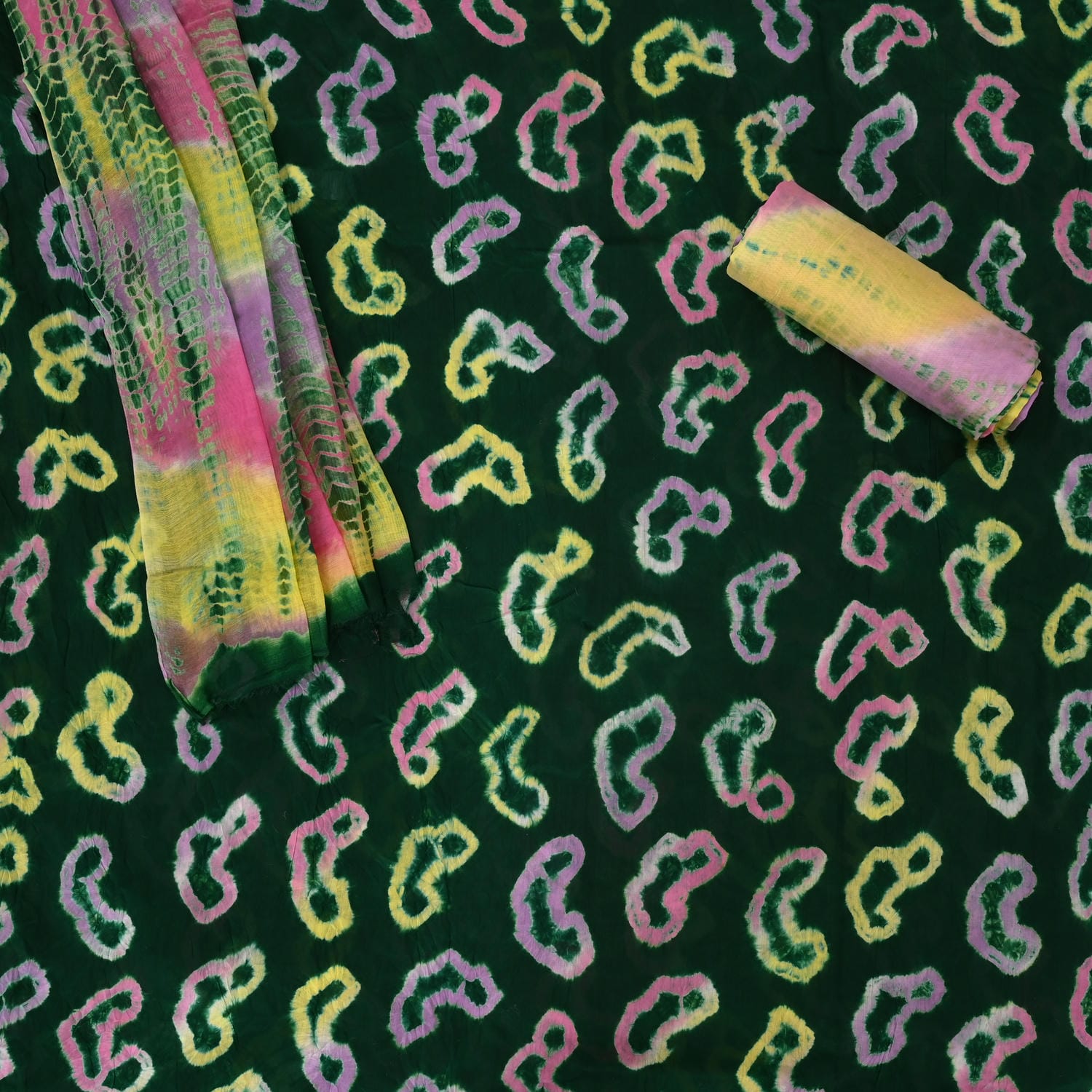 Castelon Green Bhandej Cotton Suit Set