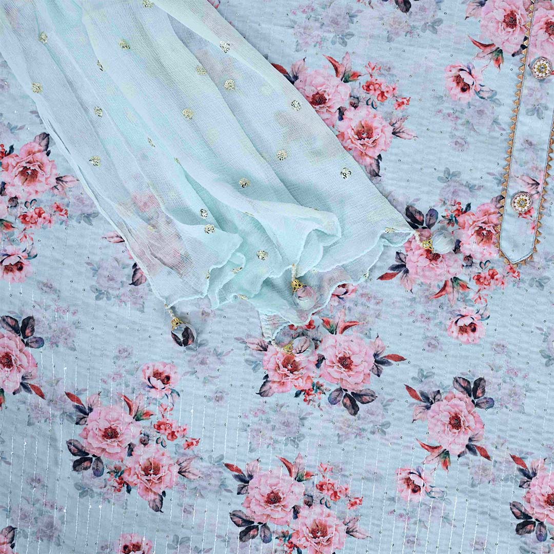 Celestial Blue Linen Unstitched Jaipuri Suit Set With Chiffon Dupatta