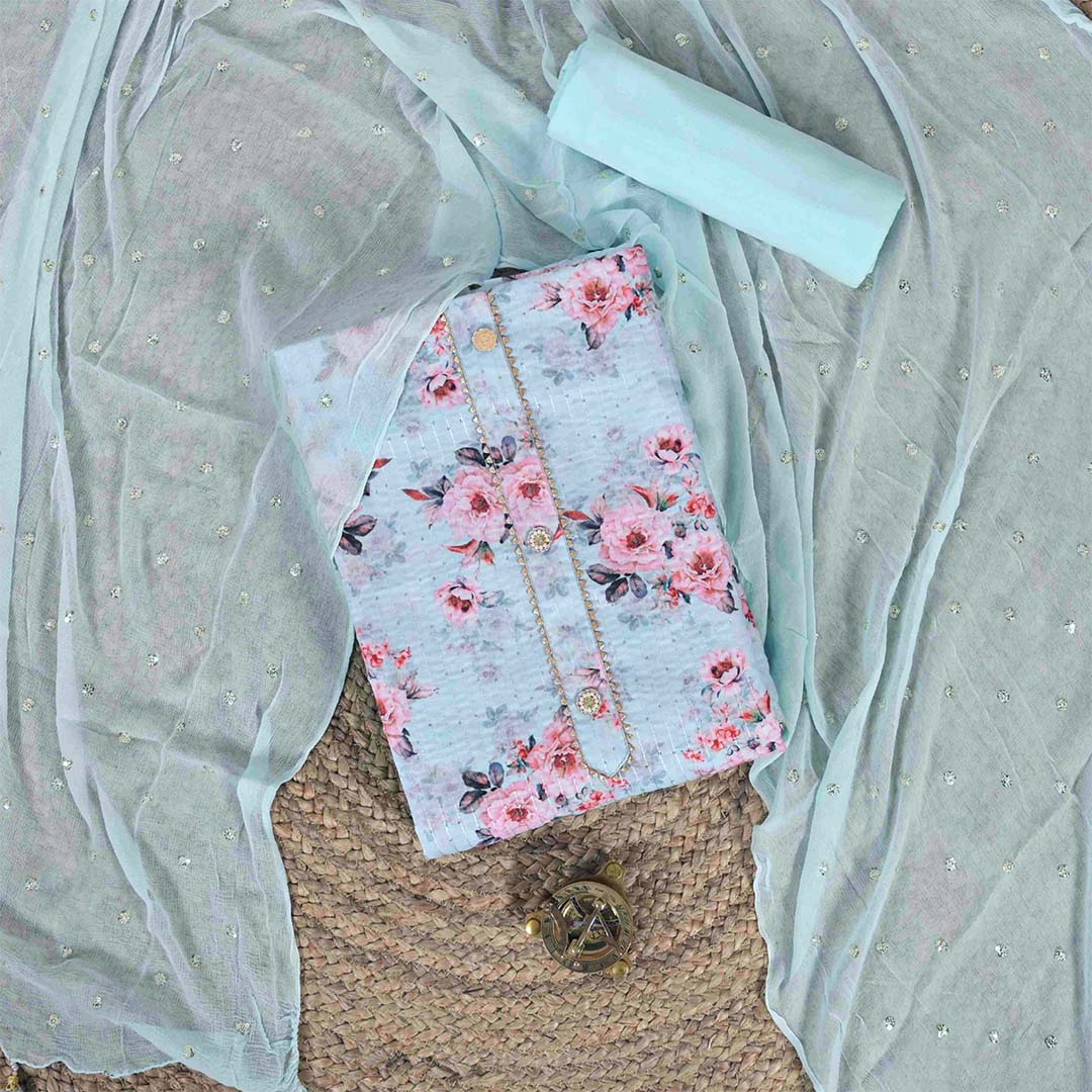 Celestial Blue Linen Unstitched Jaipuri Suit Set With Chiffon Dupatta