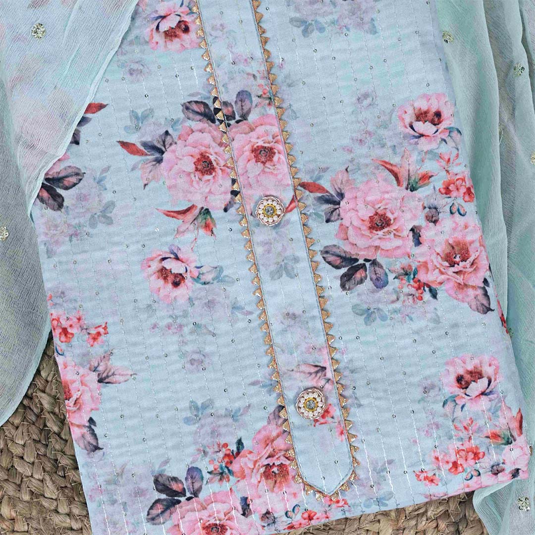 Celestial Blue Linen Unstitched Jaipuri Suit Set With Chiffon Dupatta