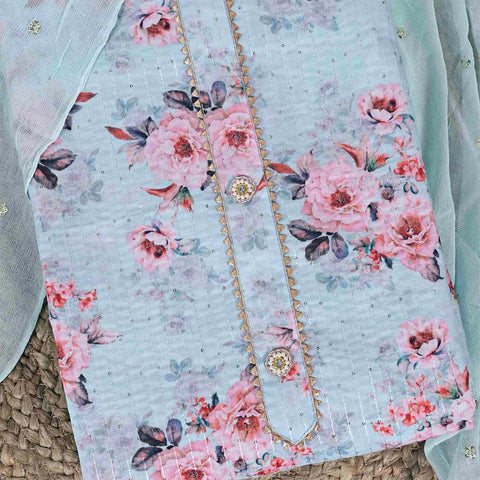Celestial Blue Linen Unstitched Jaipuri Suit Set With Chiffon Dupatta