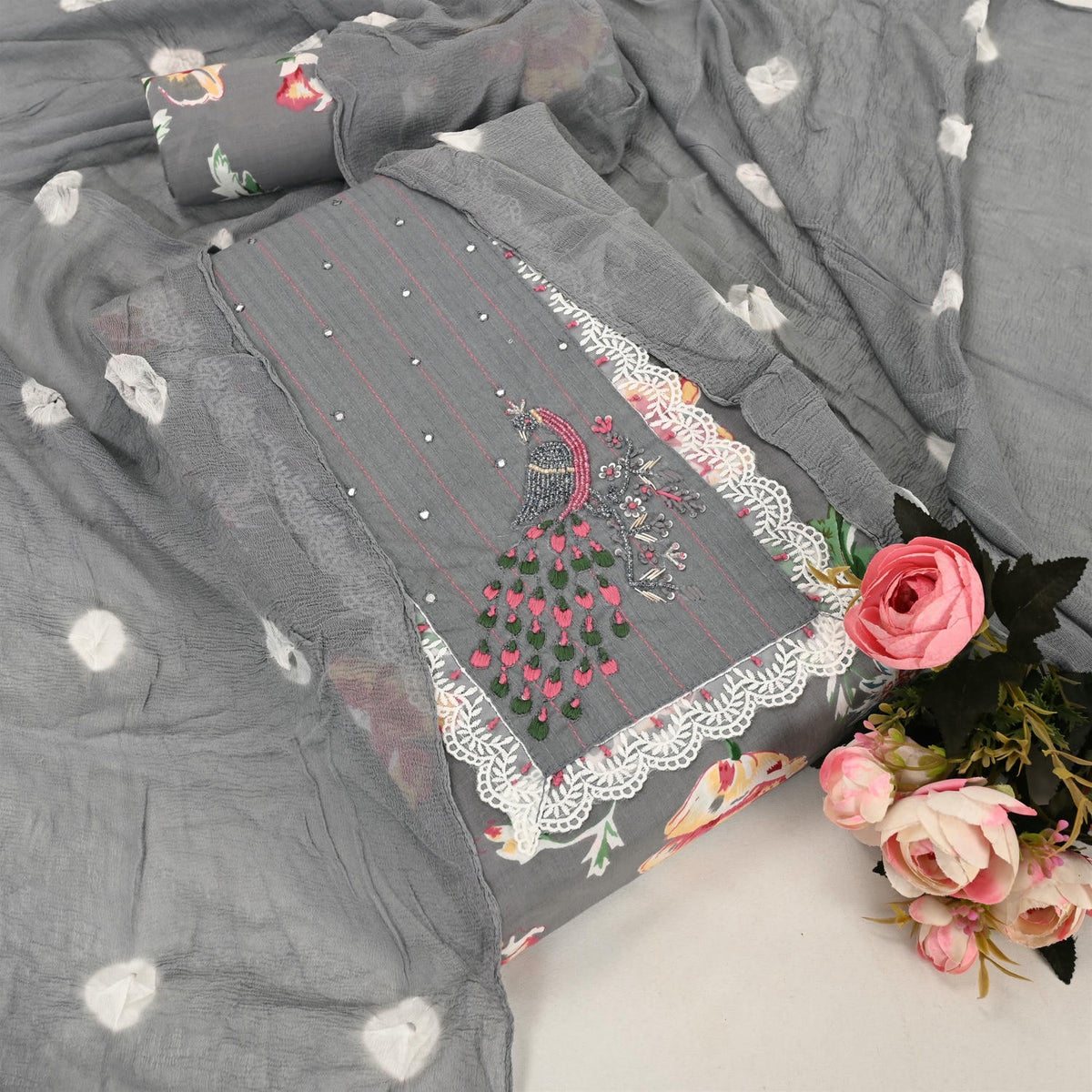 Charcol Grey Floral Cotton Unstitched Suit Set