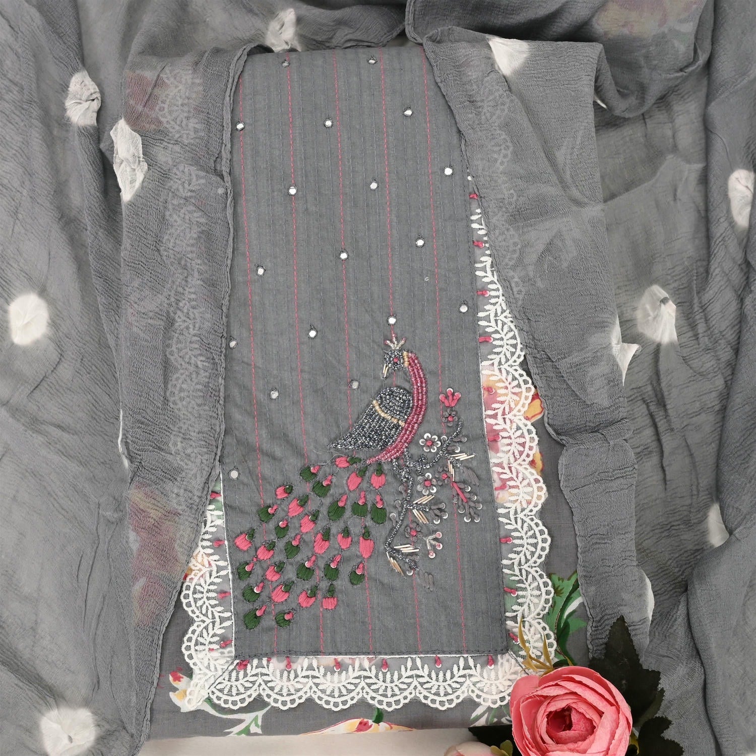 Charcol Grey Floral Cotton Unstitched Suit Set