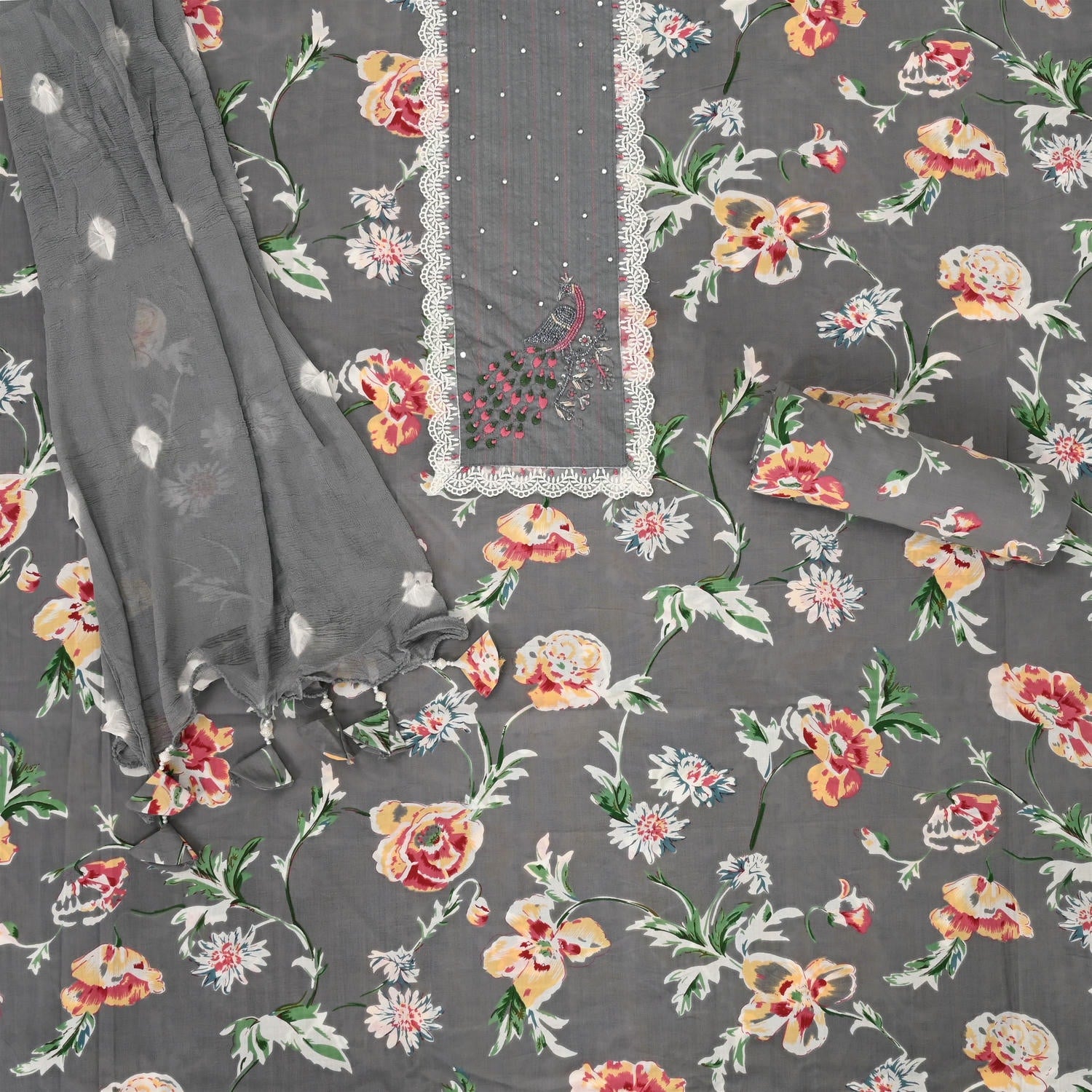Charcol Grey Floral Cotton Unstitched Suit Set