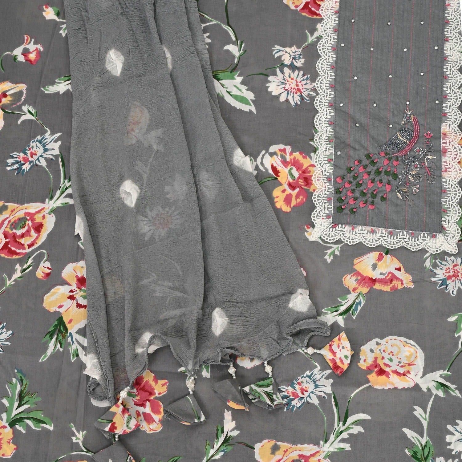 Charcol Grey Floral Cotton Unstitched Suit Set