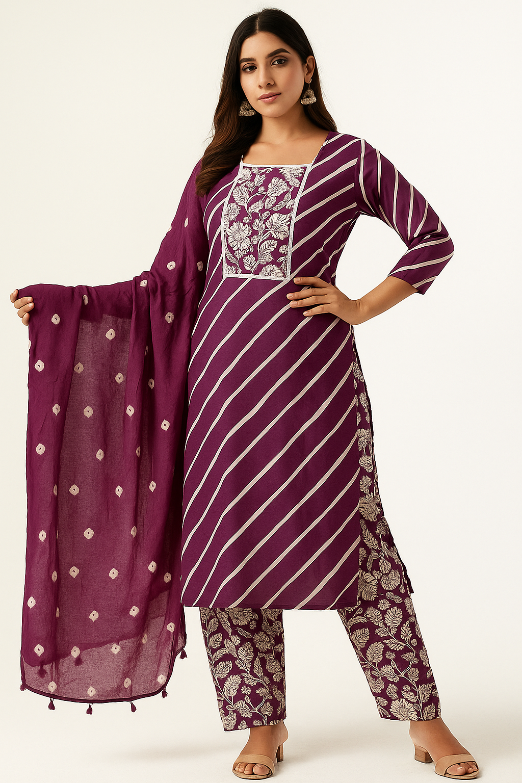 Rasin Wine Leheriya Cotton Unstitched Suit Set