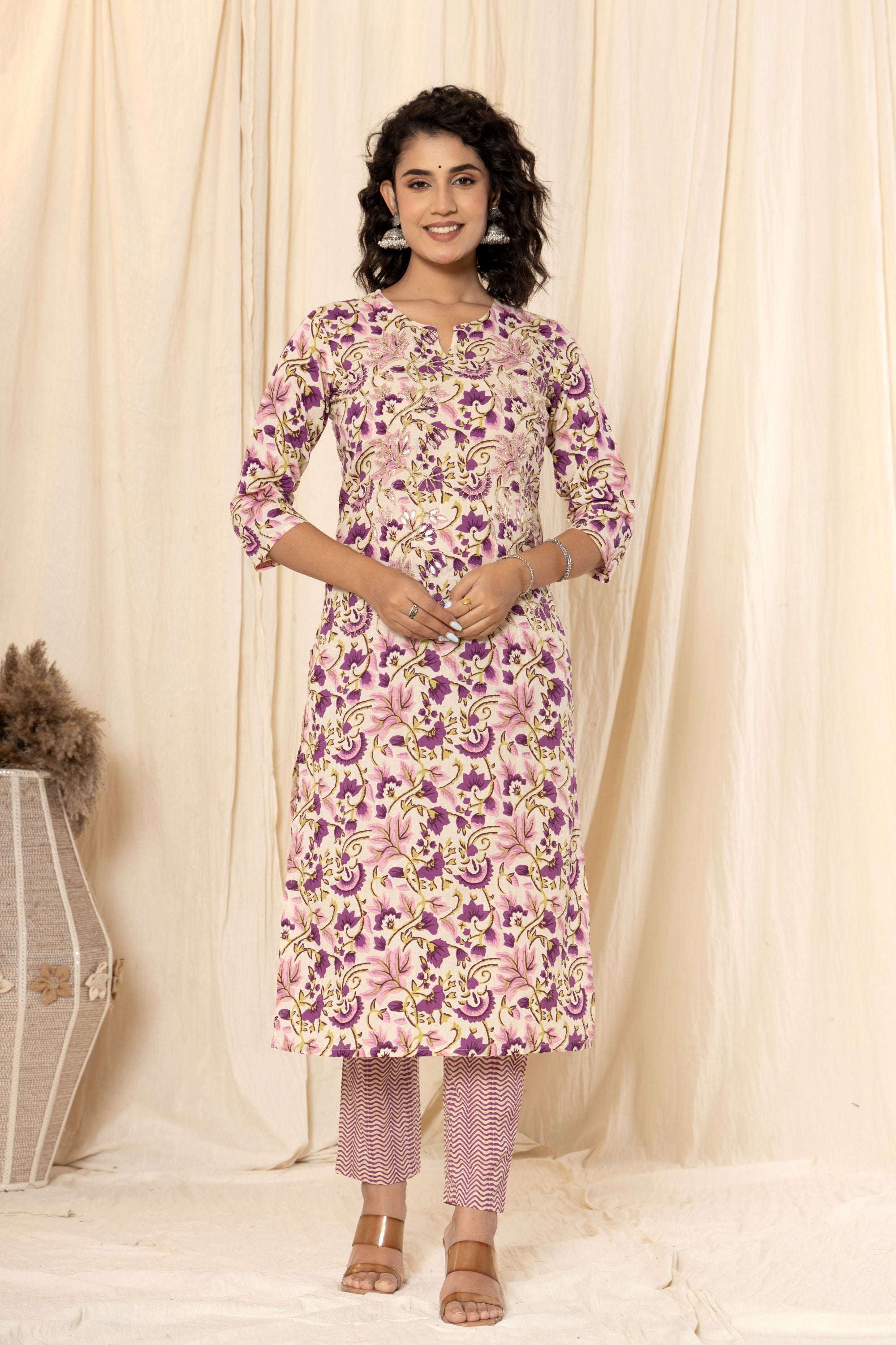 Chiffony Cream Block Print Cotton Suit Set