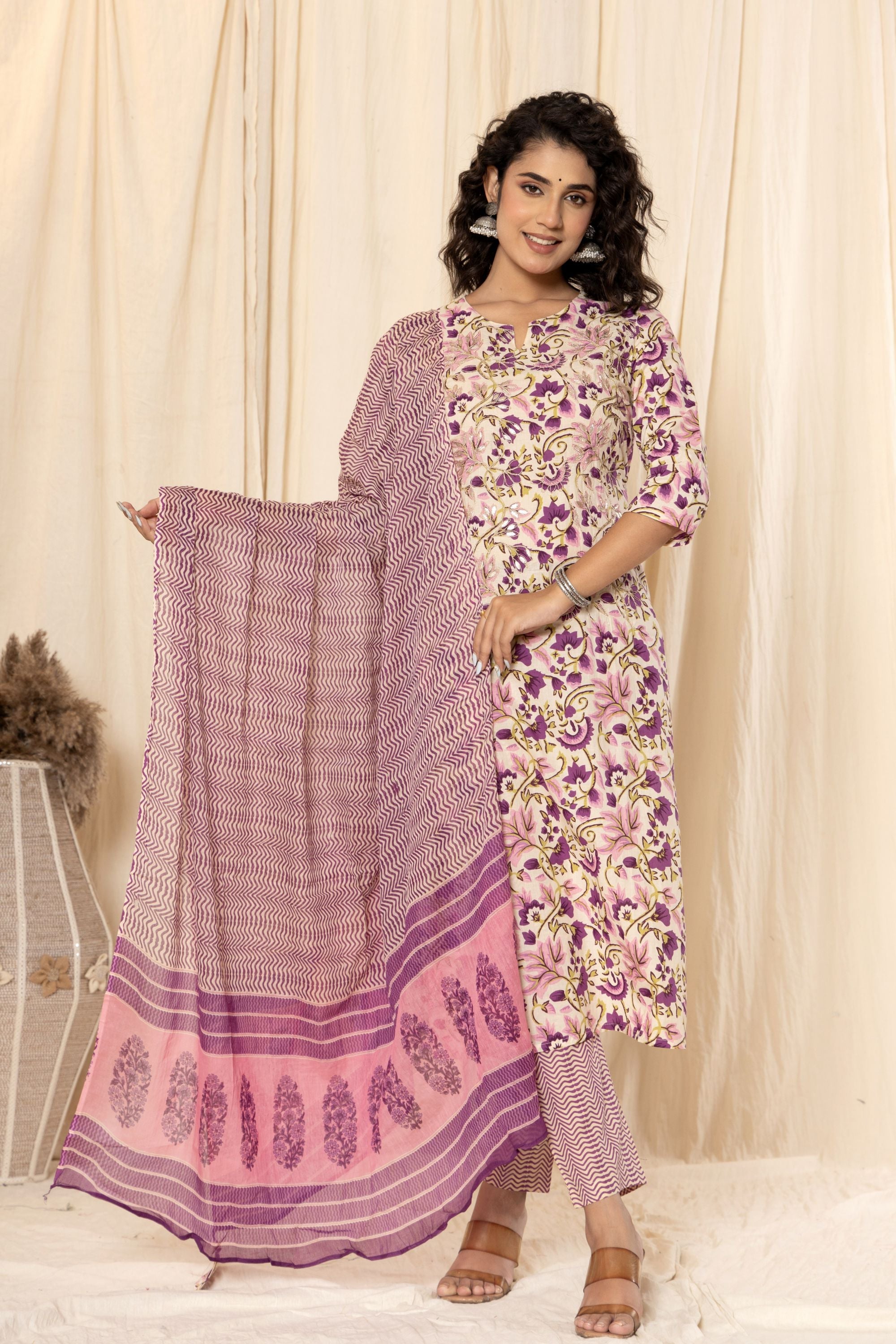 Chiffony Cream Block Print Cotton Suit Set