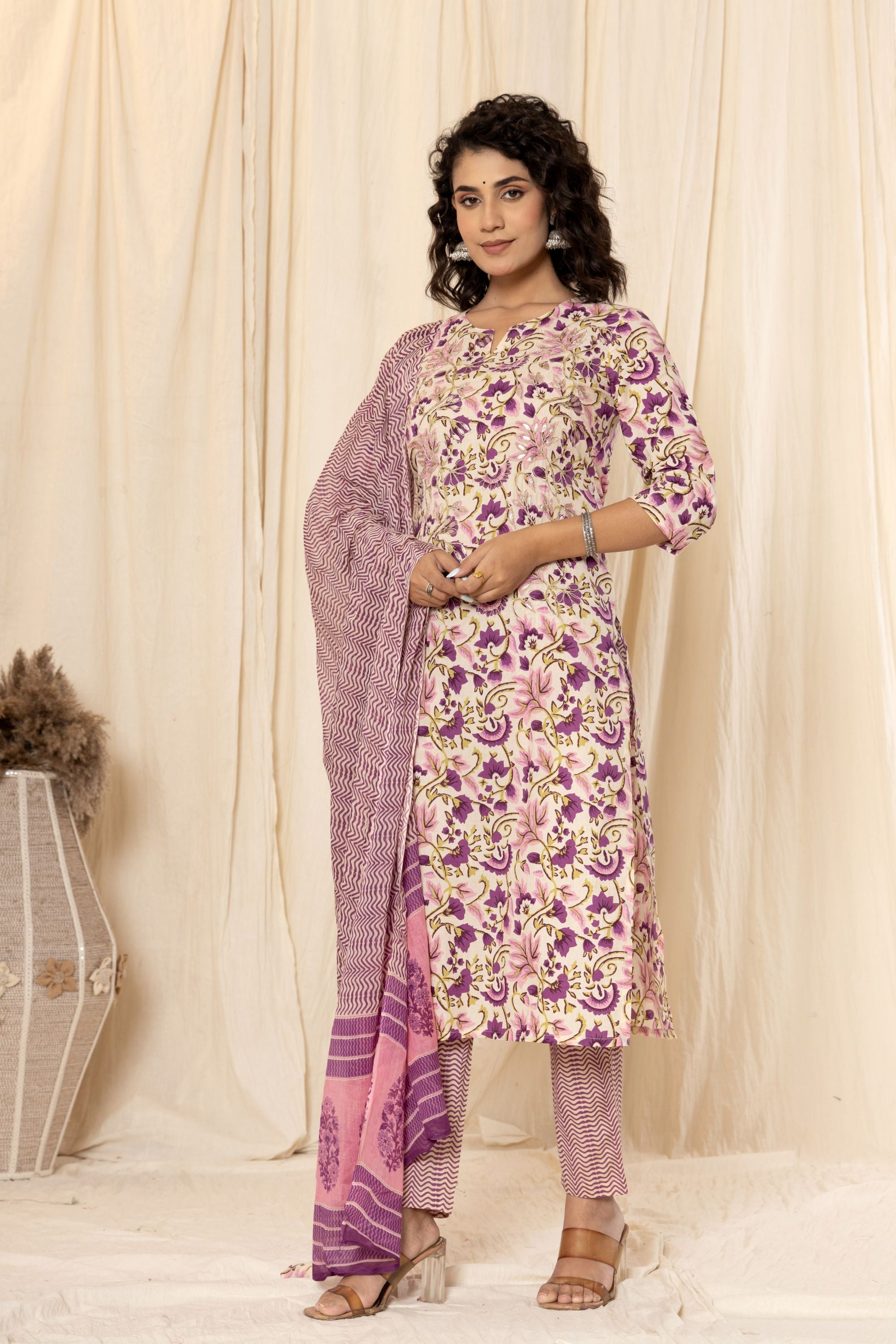 Chiffony Cream Block Print Cotton Suit Set