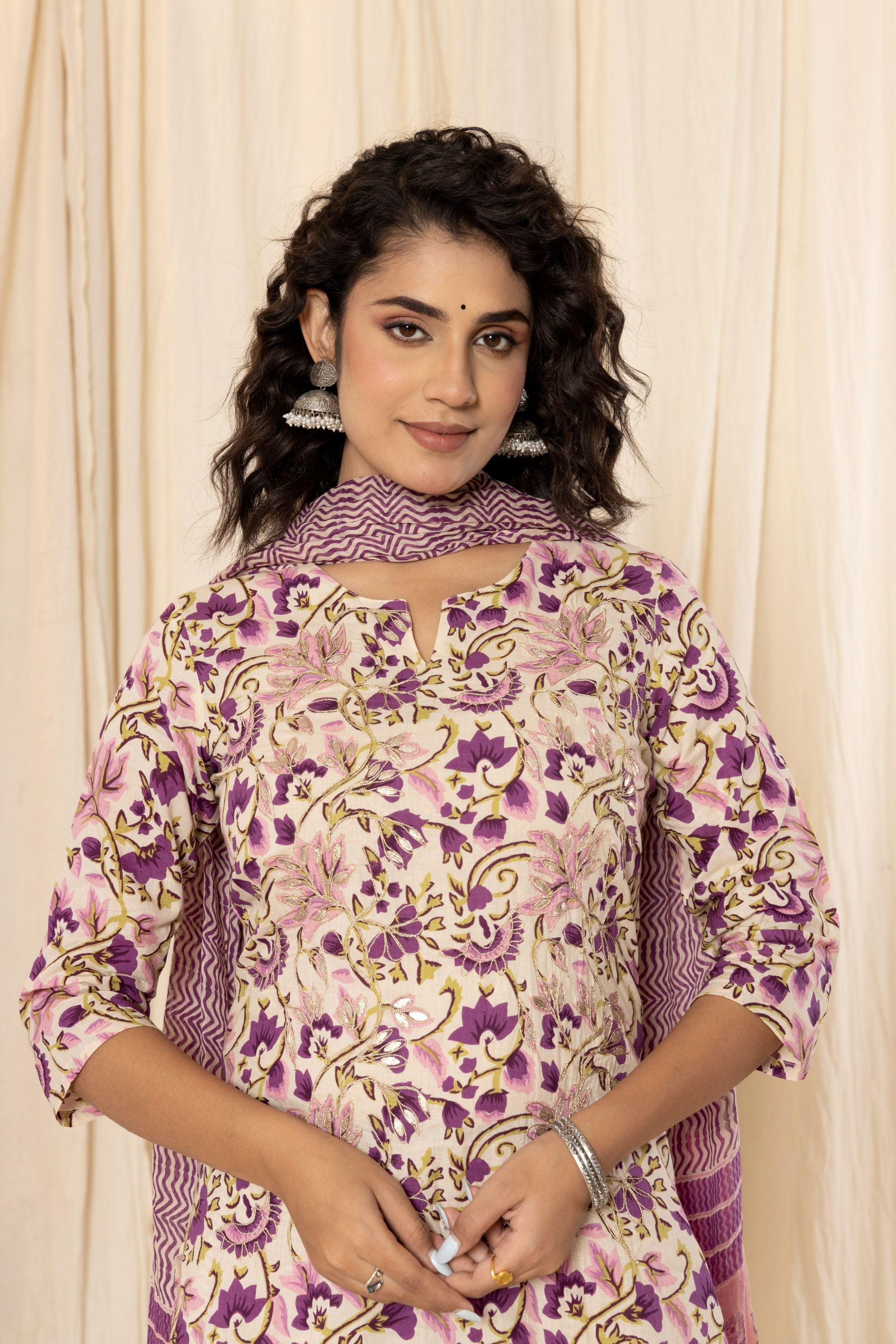 Chiffony Cream Block Print Cotton Suit Set