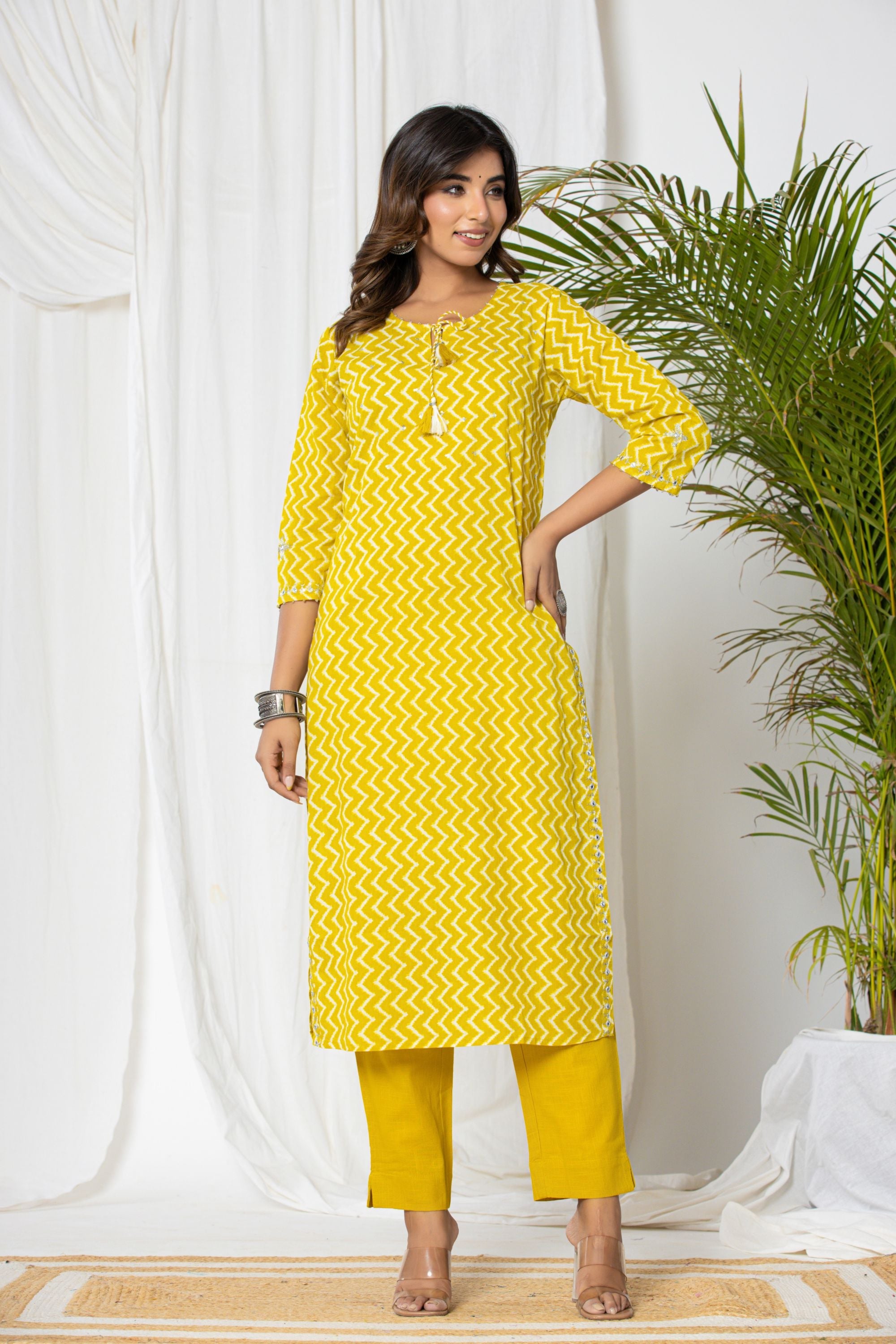 Citrine Yellow Leheriya Cotton Suit Set