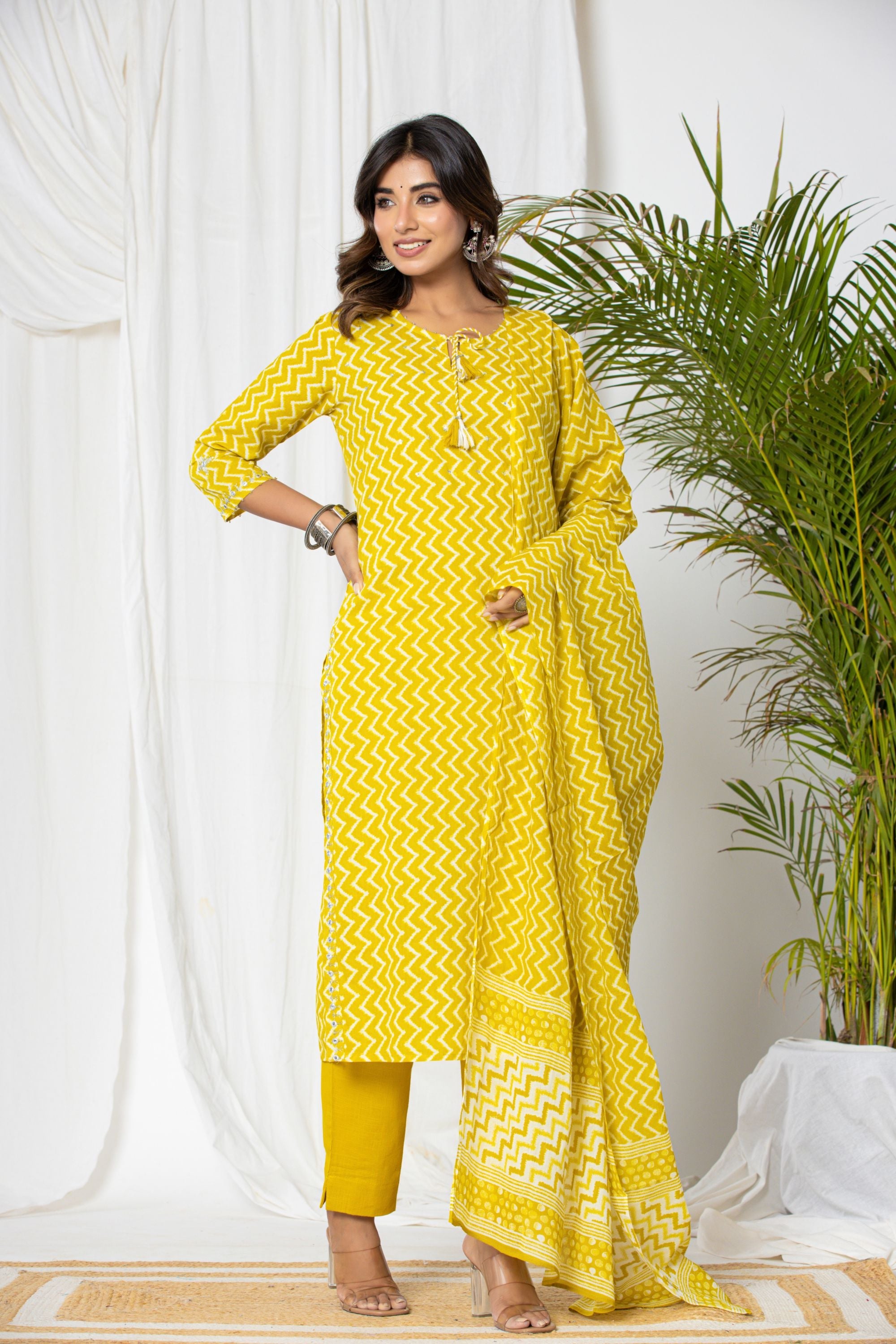 Citrine Yellow Leheriya Cotton Suit Set