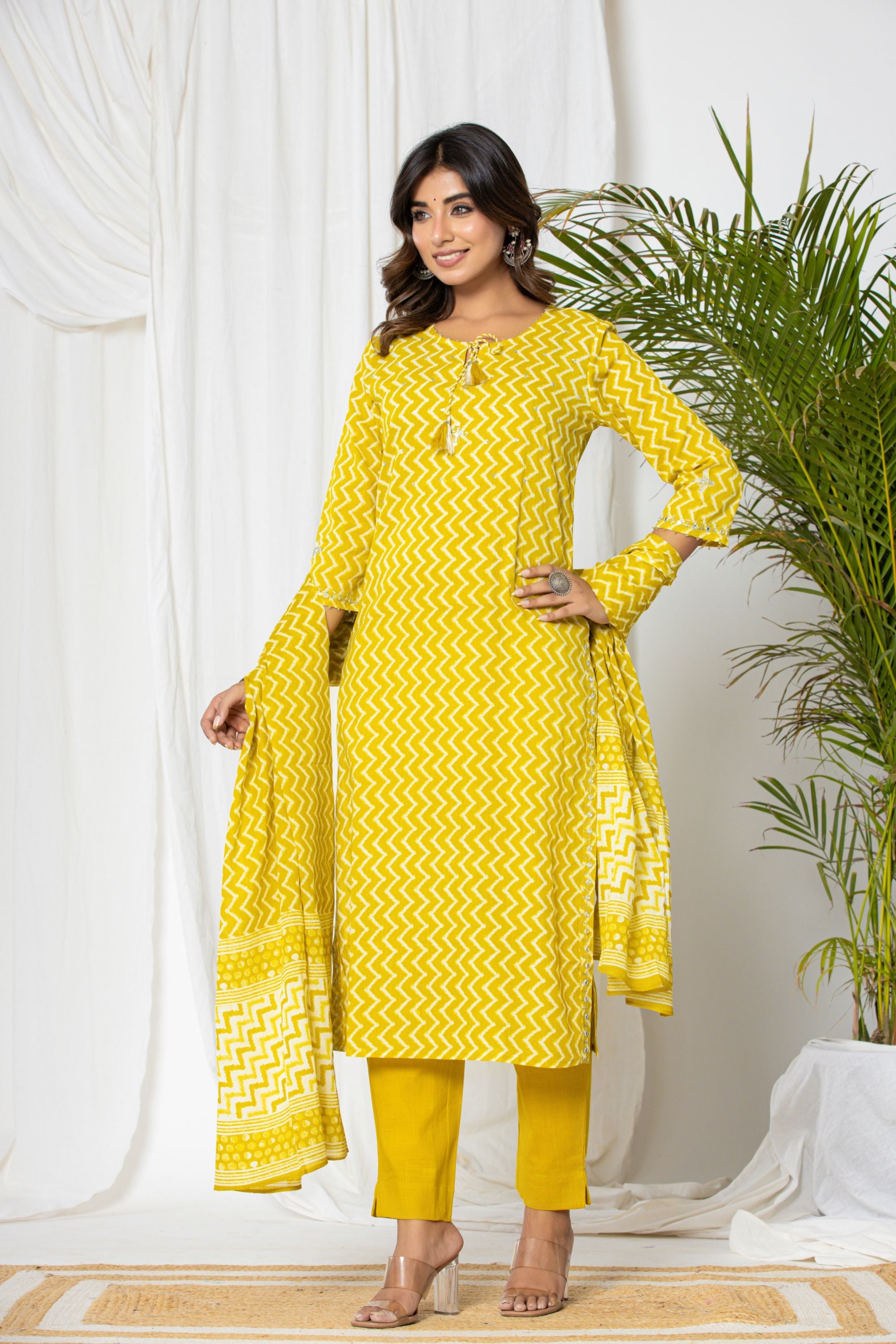 Citrine Yellow Leheriya Cotton Suit Set