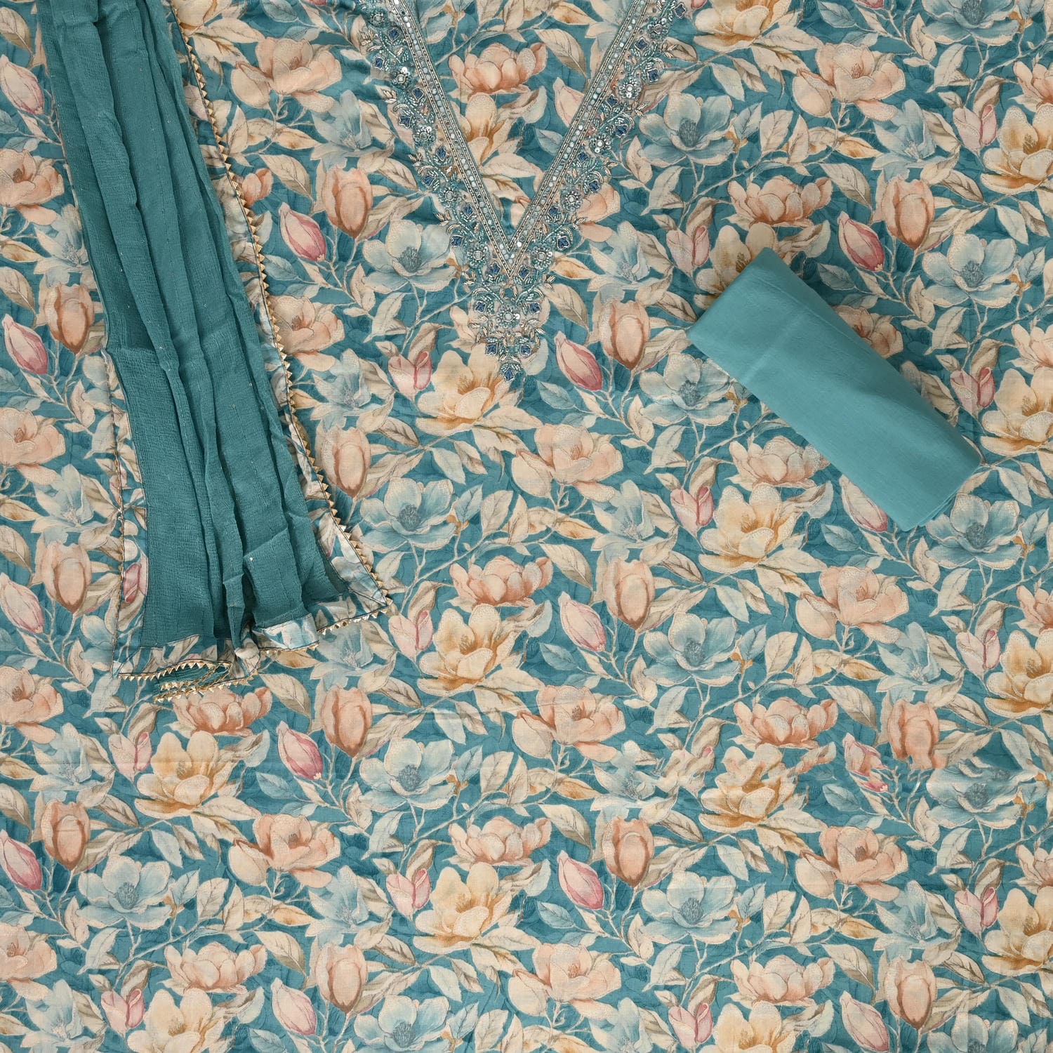 Classic Blue V Neck Cotton Suit Set