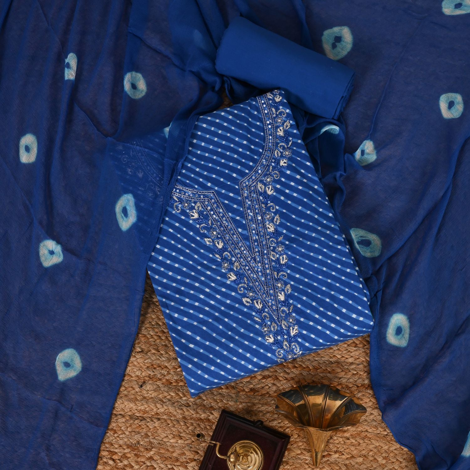 Cobalt Blue Mothra Cotton Unstitched Salwar Suit