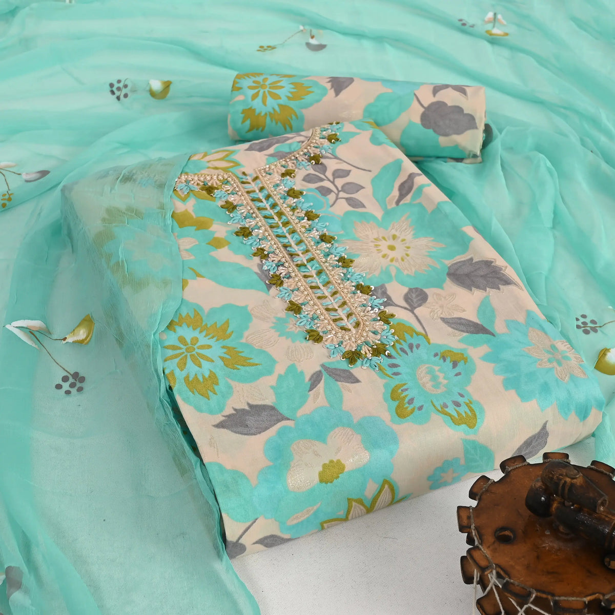 Colabia Blue Cotton Unstitched Suit Set