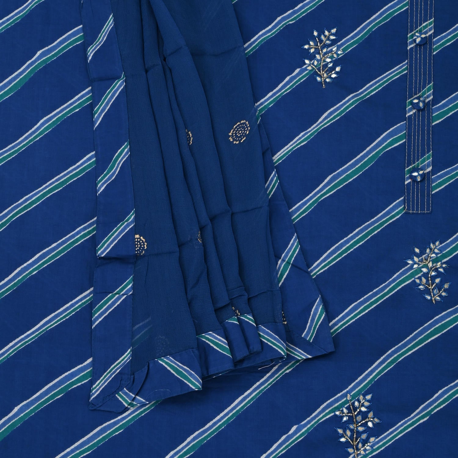 Contrasty Blue Leheriya Cotton Unstitched Suit Set