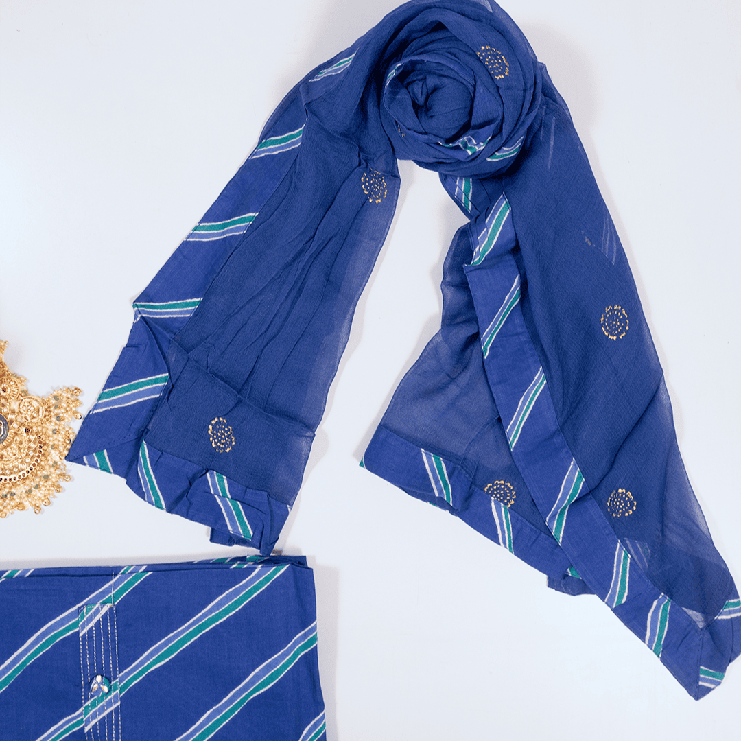 Contrasty Blue Leheriya Cotton Unstitched Suit Set