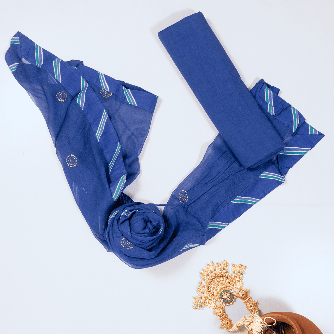 Contrasty Blue Leheriya Cotton Unstitched Suit Set