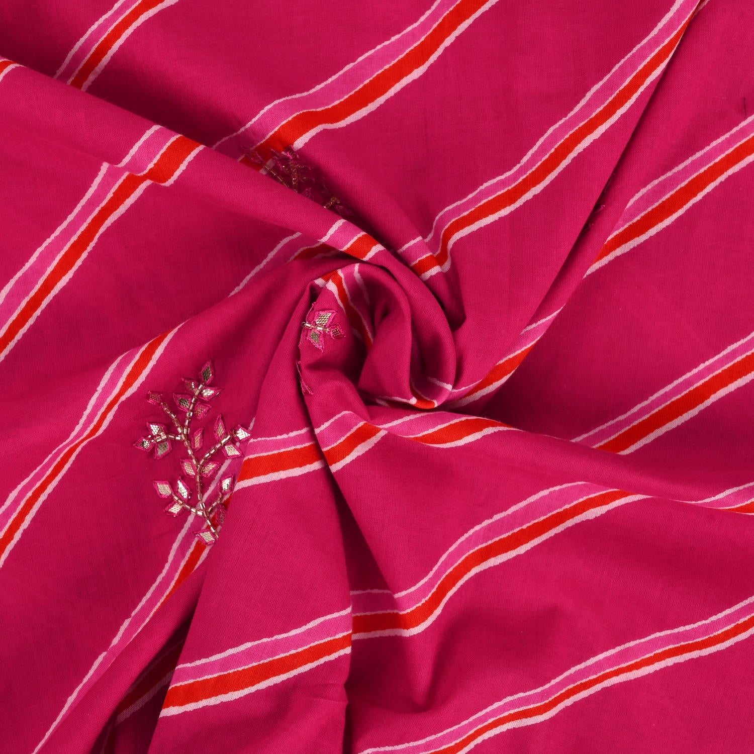 Contrasty Deep Pink Leheriya Cotton Unstitched Suit Set