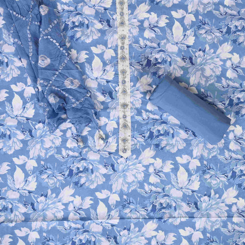 Cornflower Blue Flowry Cotton Unstitched Suit Set