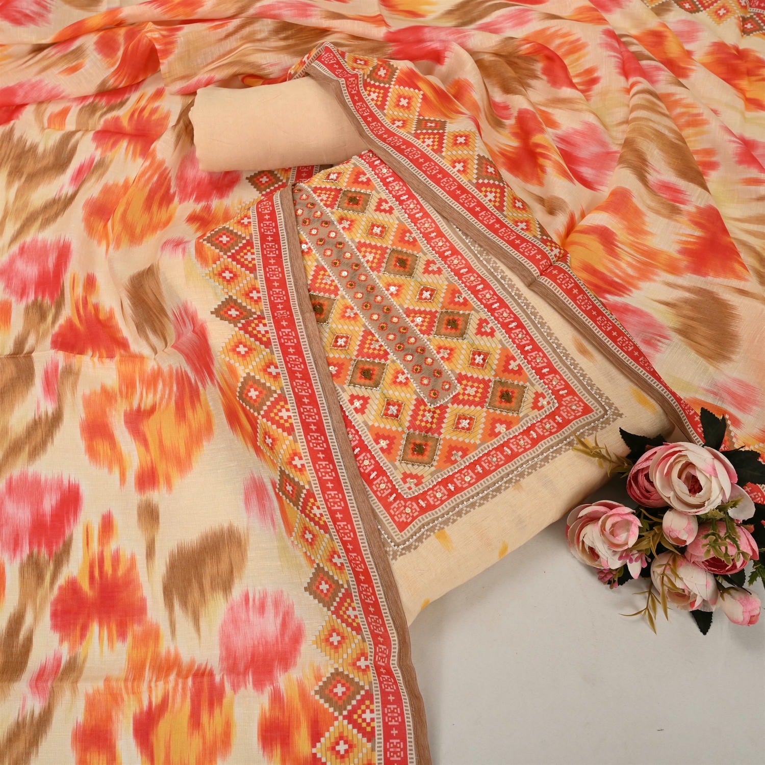 Cream Muslin Silk Unstitched Suit Set