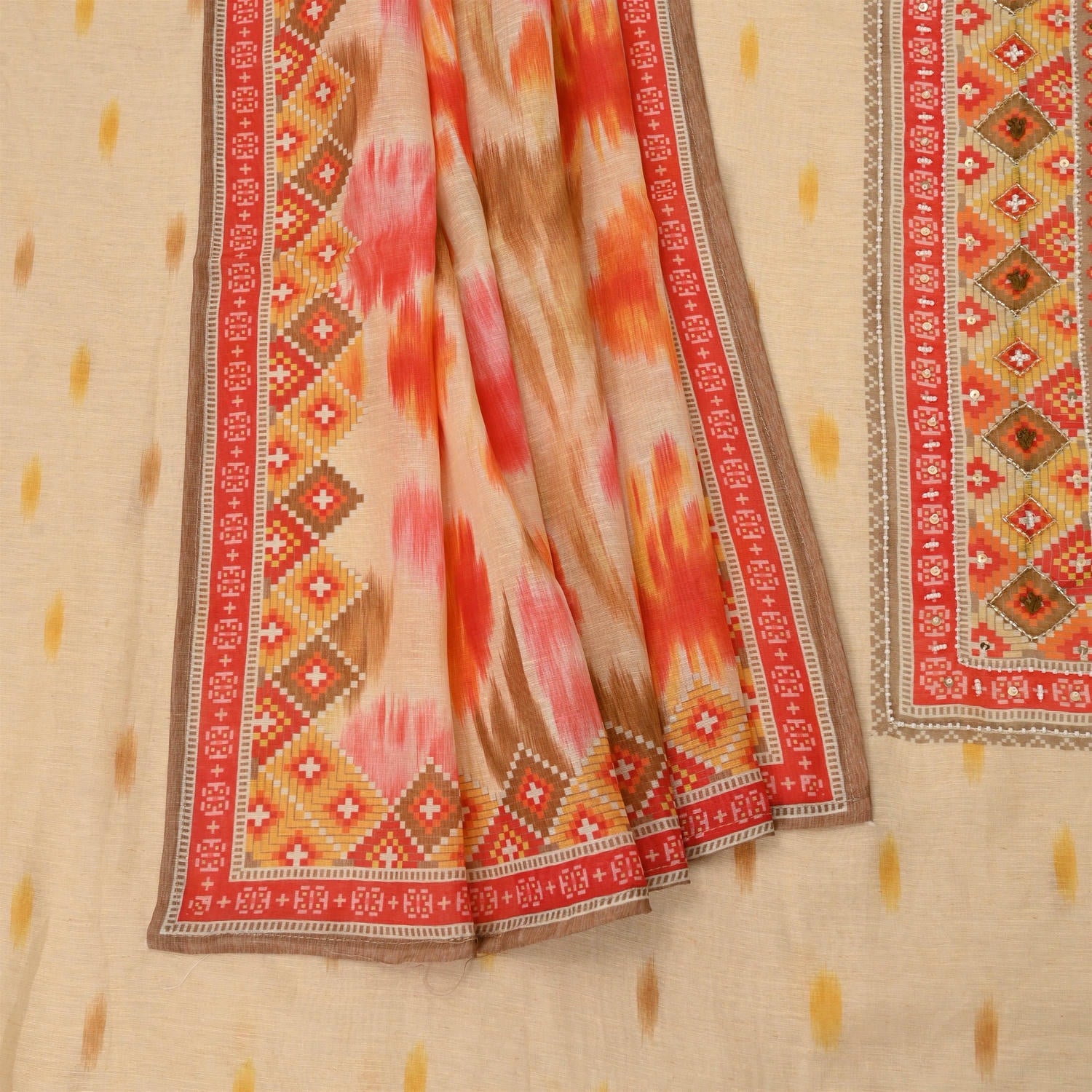 Cream Muslin Silk Unstitched Suit Set