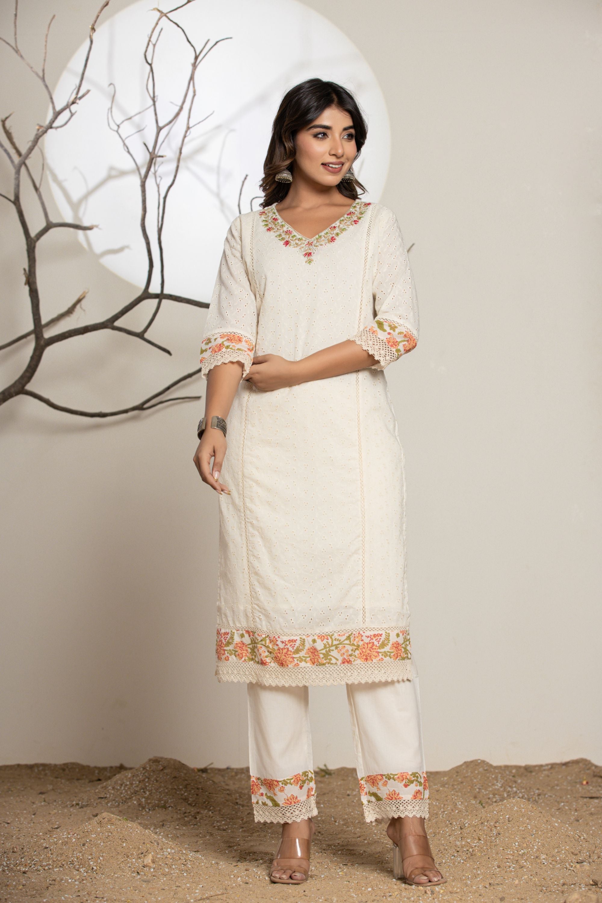 Cream Shiffli Cotton Suit Set