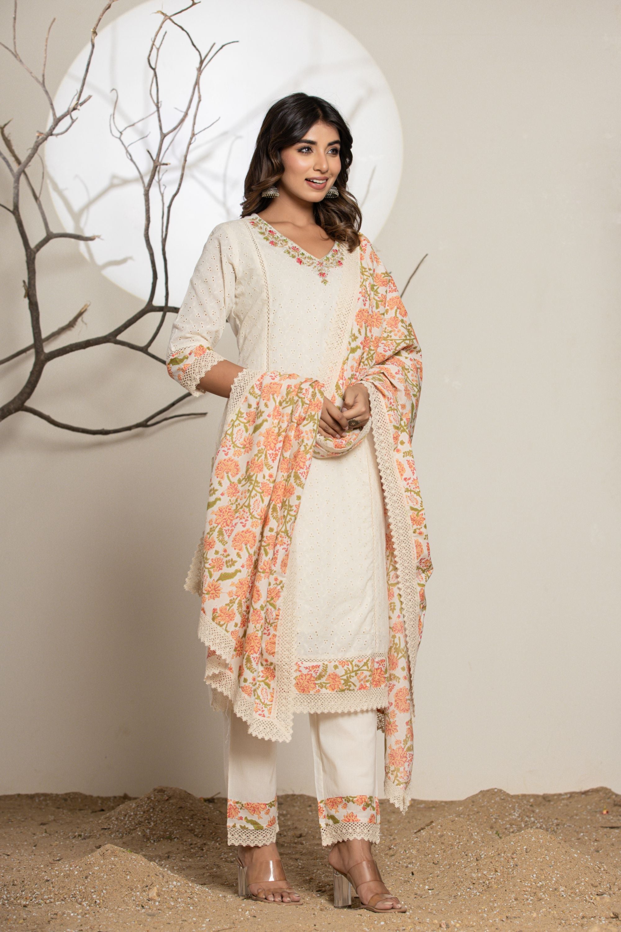Cream Shiffli Cotton Suit Set