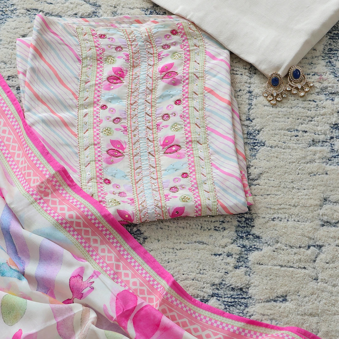 Creamy White Leheriya Silk Unstitched Suit Set
