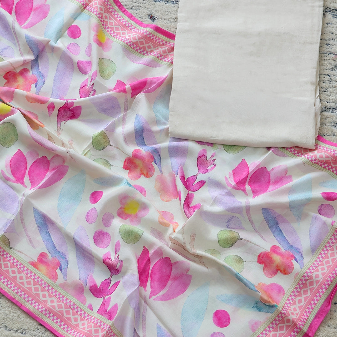 Creamy White Leheriya Silk Unstitched Suit Set