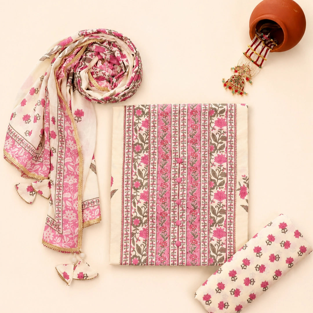 Cute Daisy Pink Cotton Unstitched Suit Set